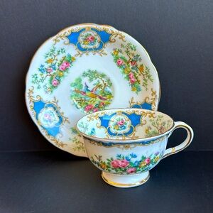 Foley English Bone China DEMITASSE Teacup Saucer ‘Broadway’ Bird Blue Scrolls